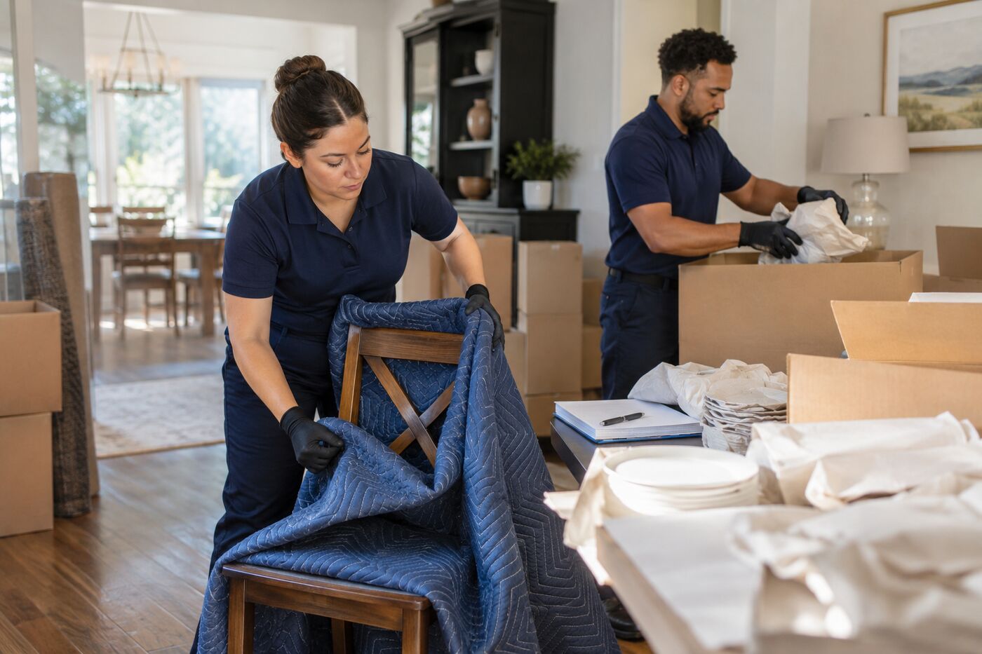 Crew packing out furniture and dishes