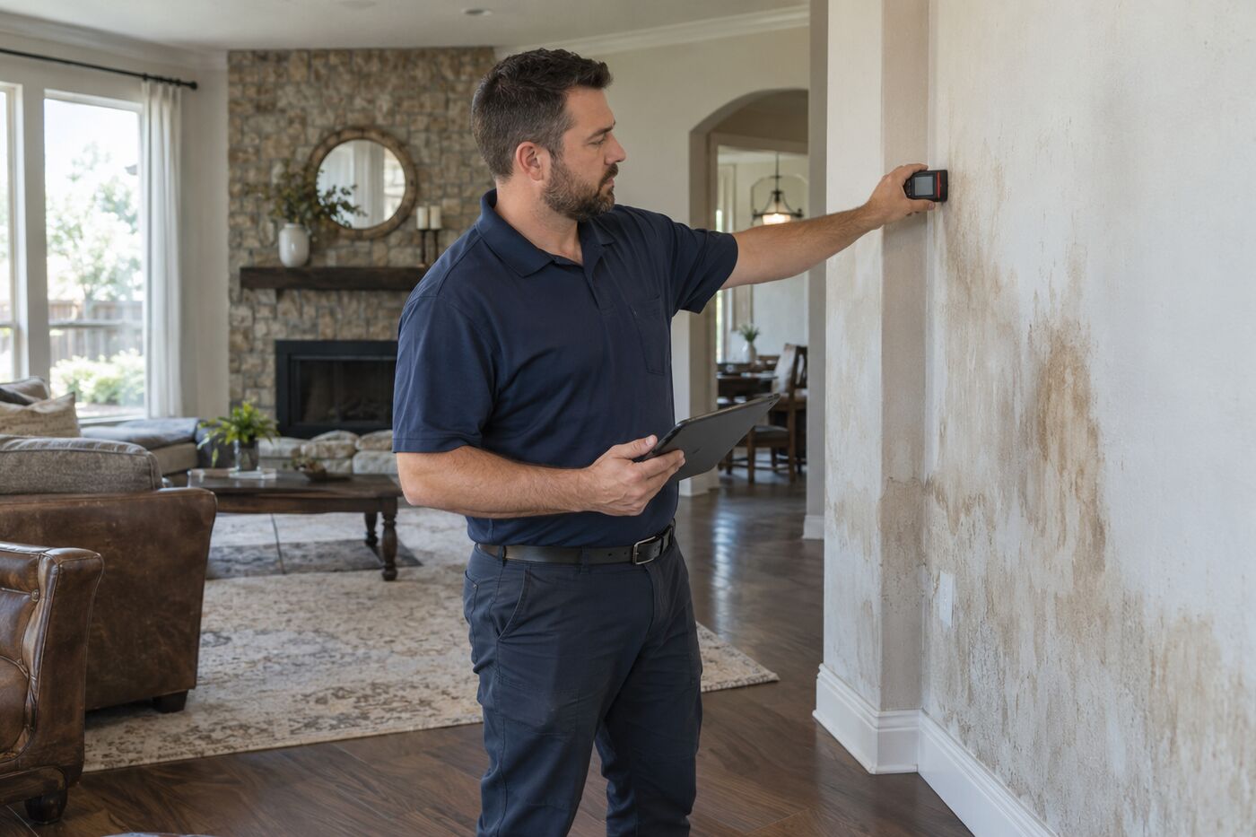 Estimator taking moisture readings on a wall