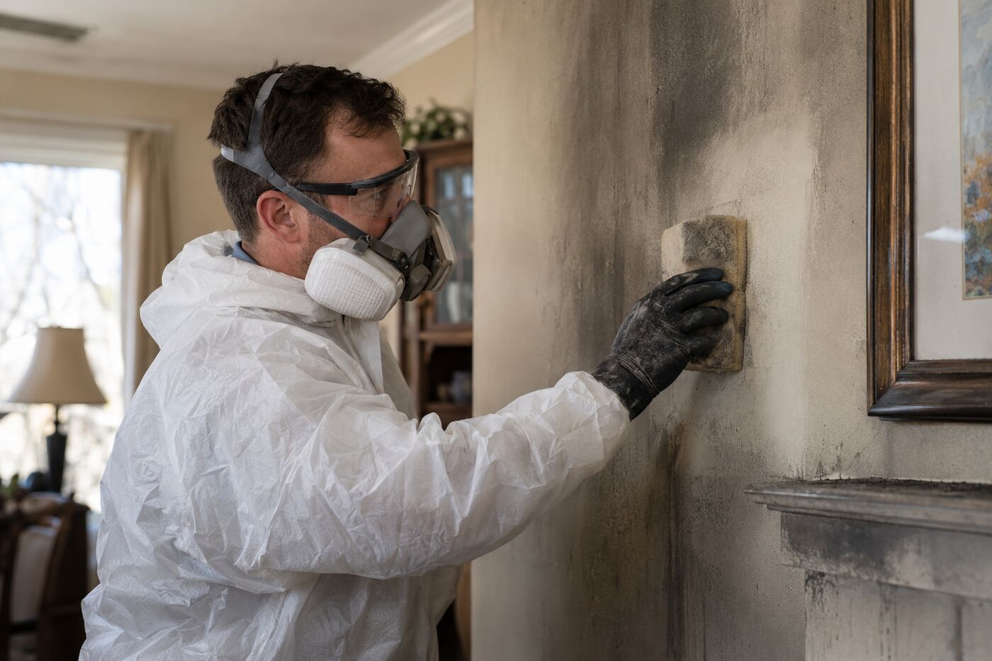 Technician cleaning smoke damage from a wall