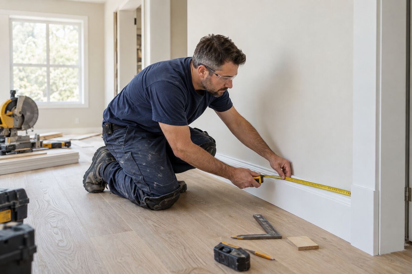 Carpenter measuring baseboard during a rebuild