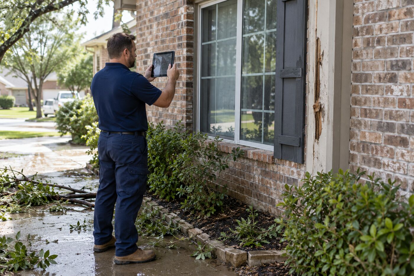 A contractor documenting exterior damage after a storm