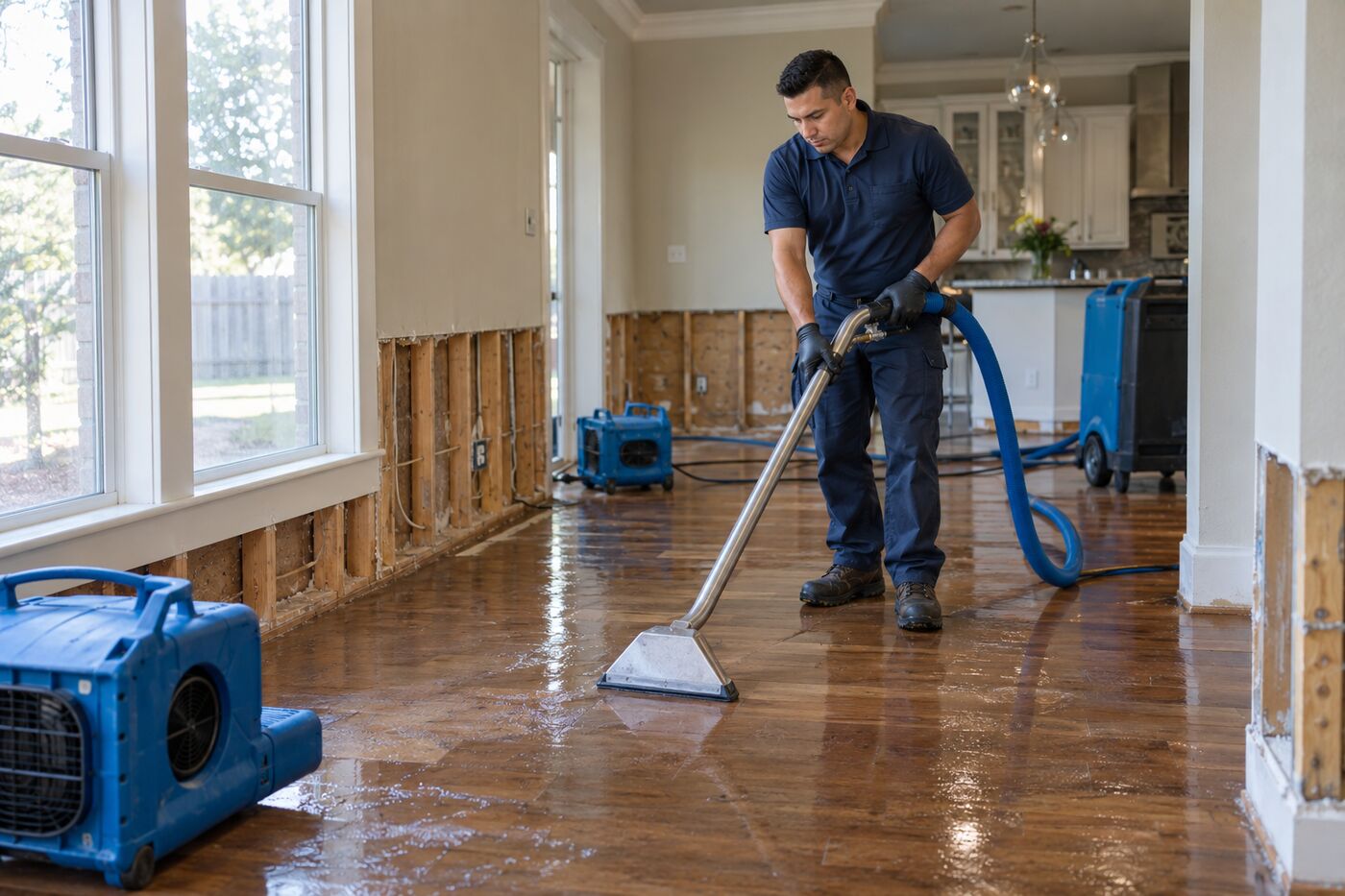 Preloss technician extracting water from a hardwood floor